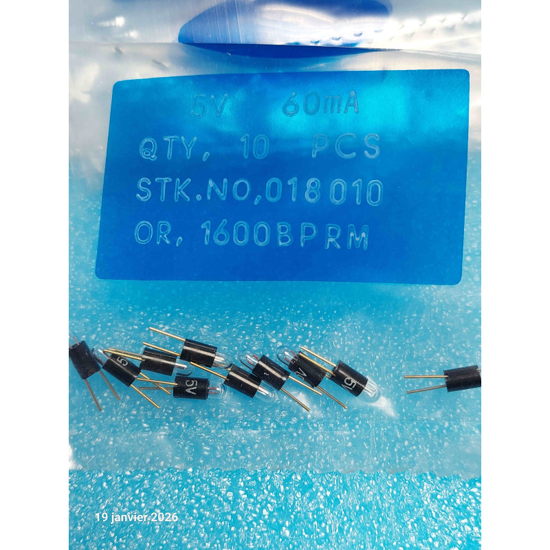 Sachet de 10 Lampes Miniature Bi-Pin - 5V 60mA - Dimensions 3.2 x 9.2 mm (T1)