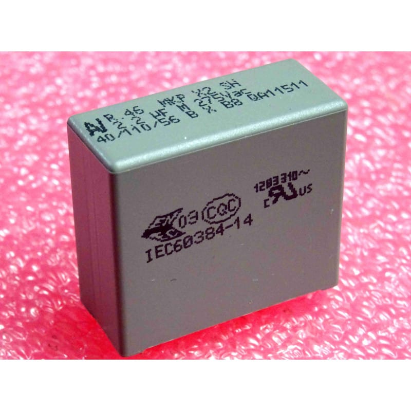 [2.2UF] Lot de 2 Condensateurs Film Polypropylène Métallisé MKP X2 Safety — 2,2 µF / 2200 nF, 275Vac (Entraxe 27,94 mm, Format 32 × 13,5 × 28 mm)