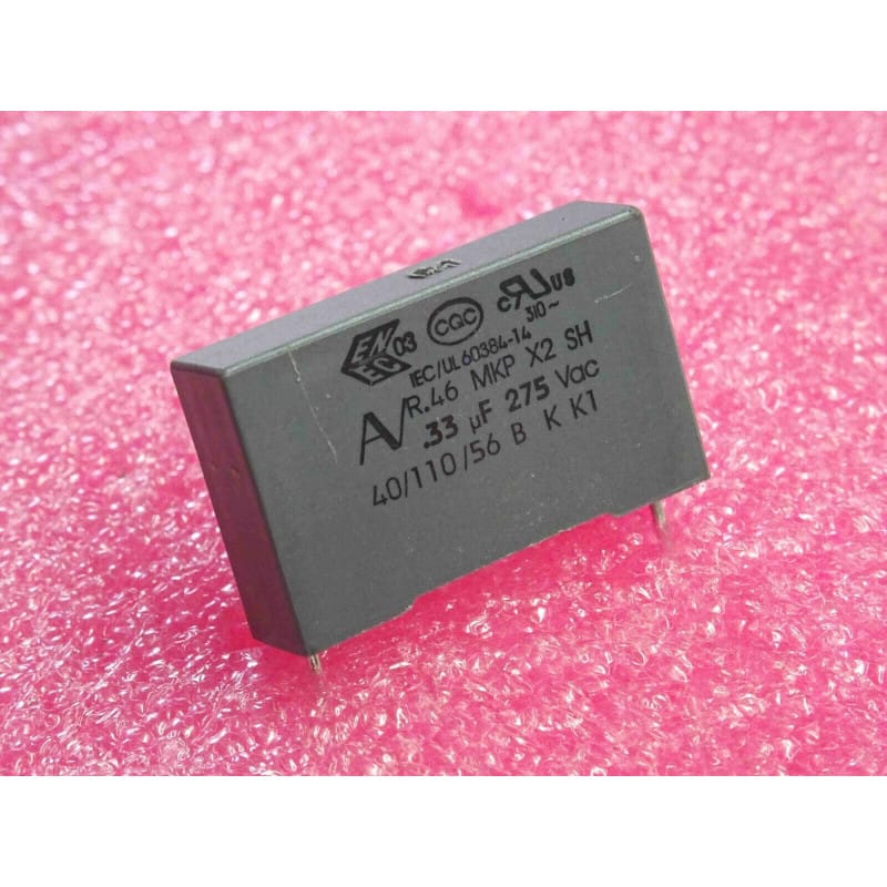 [203657707862] Lot de 2 Condensateurs Film Métallisé de Sécurité MKP X2 — 0,33 µF / 330 nF, 275Vac (Entraxe 22,86 mm, Format 26,5 × 16 × 7 mm)