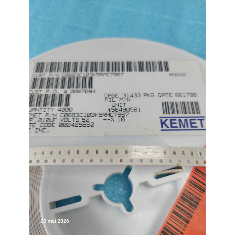 [C0603C103K5RAC7867] Lot de 50 Condensateurs CMS Céramique Multicouche KEMET - 0603, 10 nF, 50V, 10% (Réf: C0603C103K5RAC7867)