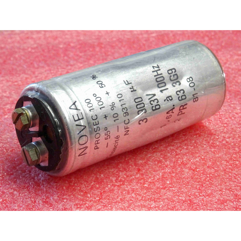 [3900µF] Lot de 2 Condensateurs Électrolytiques Novea Prosec100 - 63V, 3900 µF (100°C, Format 35 × 83 mm, Norme NFC93110)