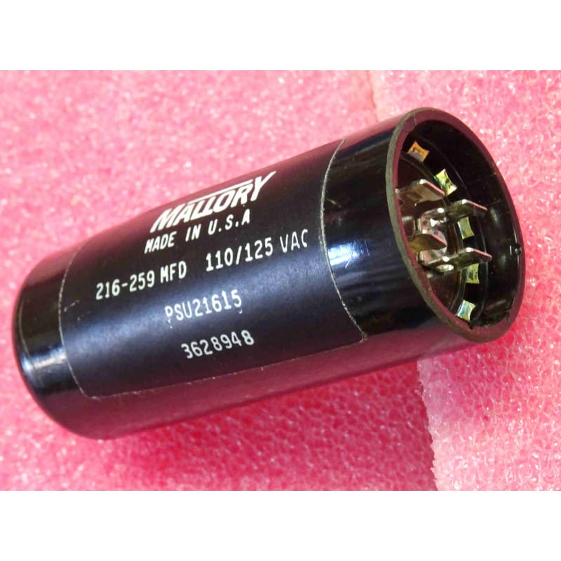 Condensateur de Démarrage Moteur 216–259 µF 110–125V AC - Mallory (Réf: PSU21615 / Ø 36 x 85 mm)
