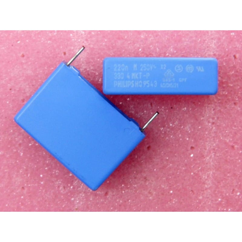 (Lot x8) Condensateurs Film Polyester Métallisé (MKT-P) Classe X2 220 nF (0,22 µF) 250V AC - Philips (Pattes Courtes / Pas 22,5 mm)