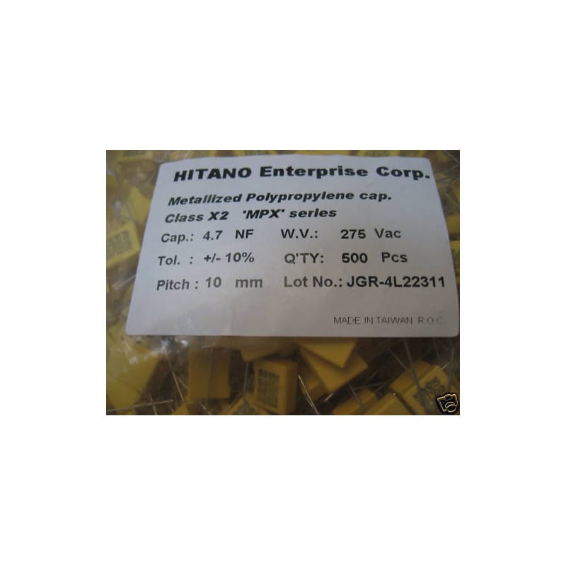 [200415789480] (Lot x10) Condensateurs Film Polypropylène MPX X2 4,7 nF (4700 pF) 275V AC 10% - Hitano (Pas 10 mm / Pattes Longues)