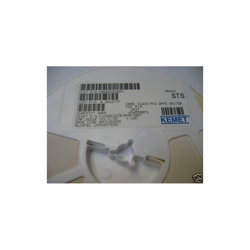 Bobine (Tape & Reel) de 4000 Condensateurs Céramique CMS (SMD) 22 nF 50V 10% - Format 1206 - Kemet (Série C / Réf: C1206C223K5RAC7867)