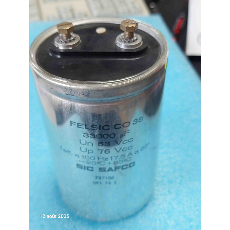 Condensateur Chimique de Forte Puissance 33 000 µF 63V DC – SIC-SAFCO Felsic Série CO38 (Boîtier à Vis) – Occasion