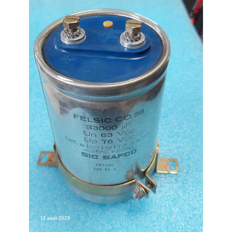 Condensateur Chimique de Forte Puissance 33 000 µF 63V DC avec Collier – SIC-SAFCO Felsic Série CO38 (Boîtier à Vis) – Occasion