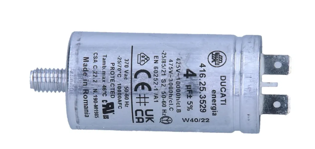 Condensateur de Démarrage / Permanent Ducati Energia 4 µF – 475 V AC, Boîtier Métal Ø30x60mm, Cosse Faston 6,3 mm