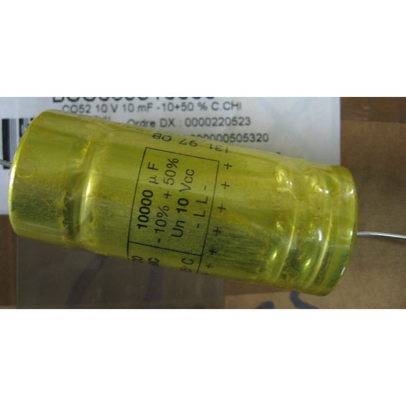 Lot de 2 Condensateurs Chimiques Axiaux 10 000 µF (10 mF) 10V DC - SIC SAFCO PRORELSIC 125 Série CO52 (Ø 26,2 x 62 mm)
