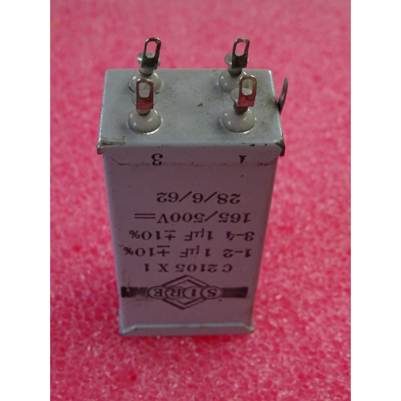 [203733497637] Condensateur HT Double à Bain d'Huile 2 x 1 µF (2 x 1 uF) 165V AC / 500V DC ±10% – SIRE (Série C2105X1 – 60 x 29 x 19 mm)