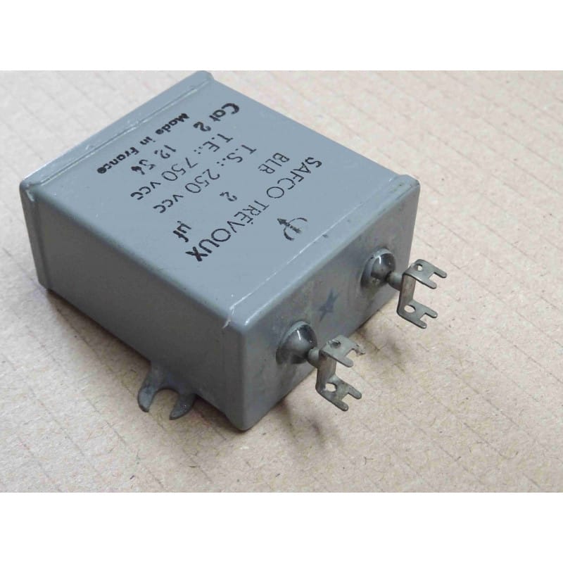 Lot de 2 Condensateurs au Papier Huilé (PIO / Bain d'Huile) 2 µF 250V AC / 750V DC – SAFCO-TRÉVOUX (Dimensions 50 x 45 x 25 mm)