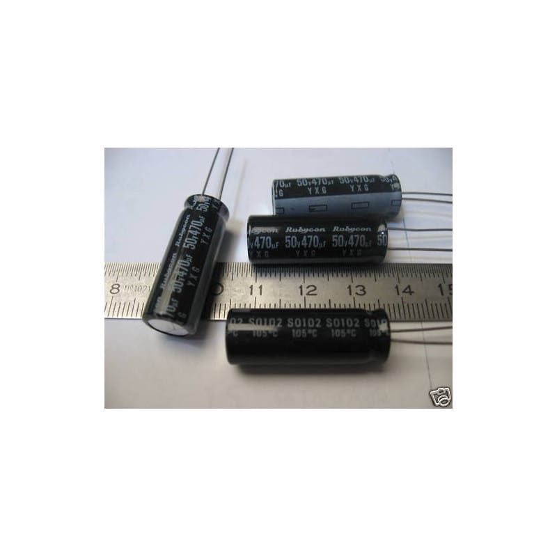 Lot de 10 Condensateurs Électrolytiques Aluminium 470 µF 50V DC ±20% – Rubycon 105°C Radial (Ø 10 x 28,5 mm)