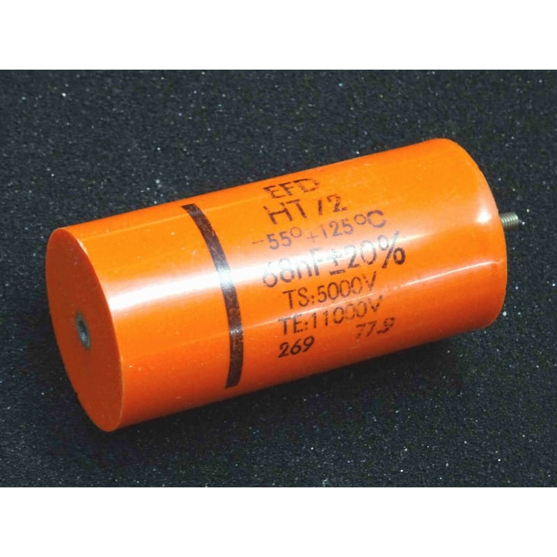 Condensateur Mica Reconstitué "Haute Température & Très Haute Tension" 68 nF 5000V DC (5 kV) / Tension d'Épreuve 11 000V DC (11 kV) ±20% 125°C – Eurofarad / EFD Série HT72 TS (Sorties à Visser M3)