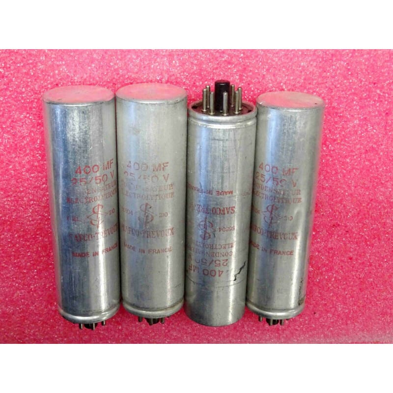 Lot de 4 Condensateurs Électrolytiques Aluminium Vintage 400 µF 25V DC – Safco-Trévoux (Référence : 56804 – 8 Broches / Stand-Off – Dimensions : Ø 35 x 120 mm)