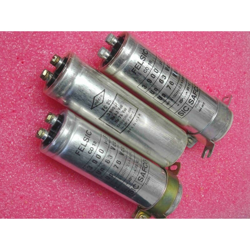 Lot de 3 Condensateurs Électrolytiques Aluminium à Vis "Forte Capacité" 3900 µF (3,9 mF) 63V DC 85°C – MICRO FC85 & SIC-SAFCO Felsic CO18 (Dimensions : Ø 35 x 115 mm)