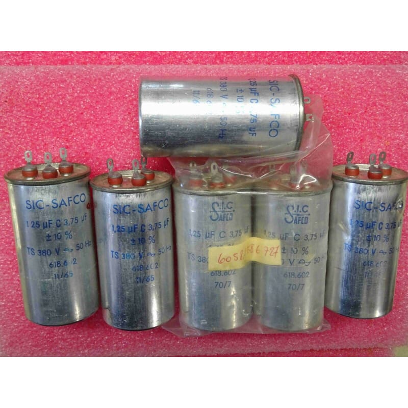 Lot de 6 Condensateurs Électrolytiques / Éclairage & Puissance Multi-Sections 1,25 µF + 3,75 µF 380V AC 50Hz – SIC-SAFCO (Référence : 618.602 – Dimensions : Ø 45 x 88 mm)