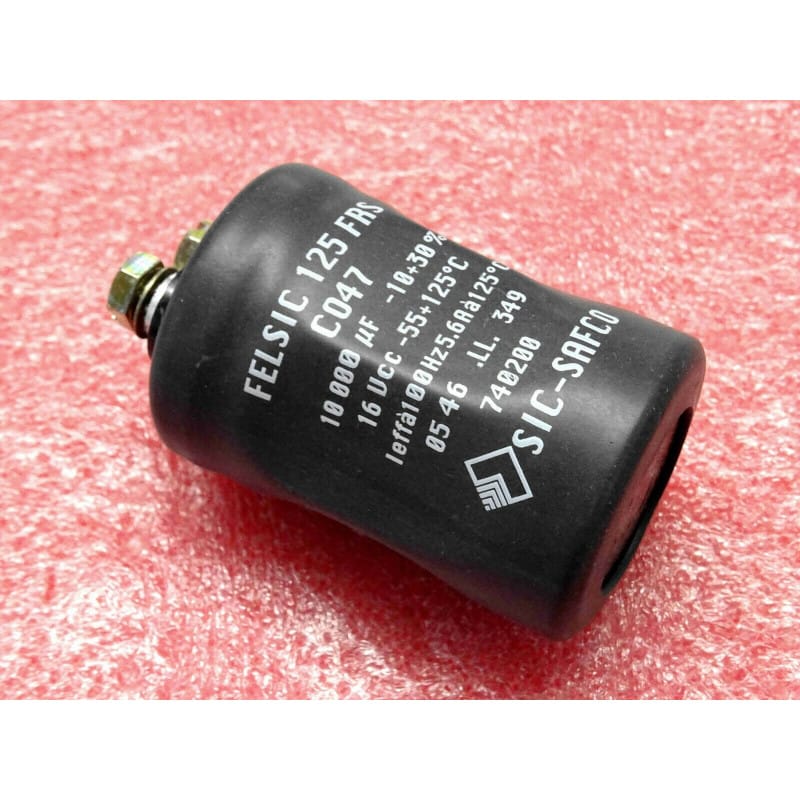 Condensateur Électrolytique Aluminium à Vis "Heavy Duty / Extended Temp" 10 000 µF (10 mF) 16V DC 125°C – SIC-SAFCO Série FELSIC 125 FRS CO47 (Référence : 740200 – Dimensions : Ø 36 x 55 mm)
