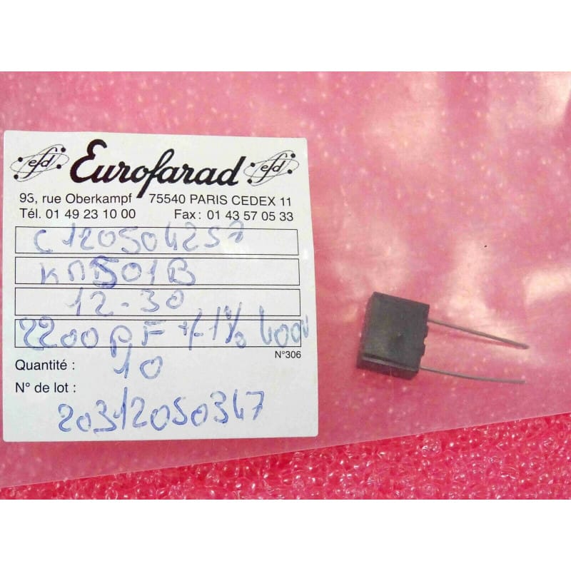 Lot de 10 Condensateurs Film Plastique Eurofarad 2.2 nF (2200 pF) 400V 1% Série CKM501B (Pas 7.62 mm - 16 x 5 x 9 mm)