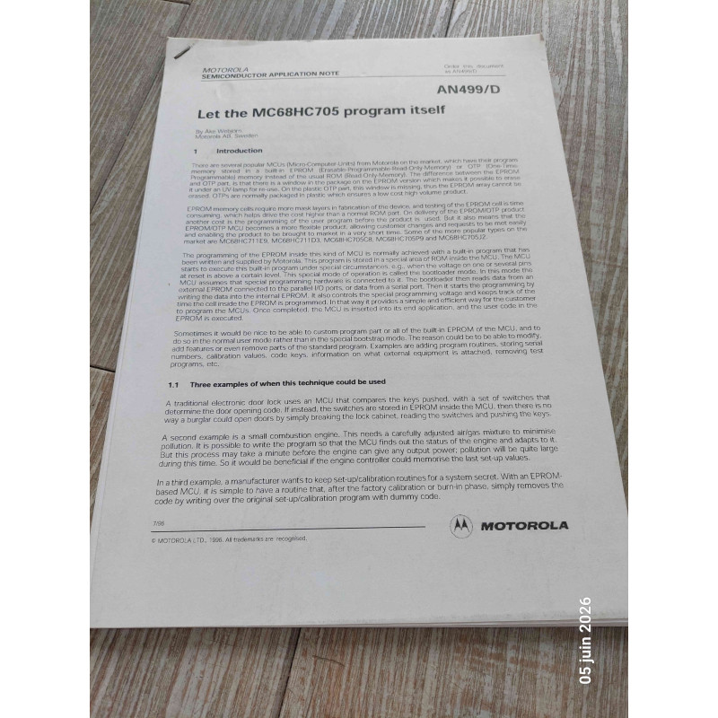 Note d'Application Constructeur – MOTOROLA AN499/D : "Let the MC68HC705 Program Itself" (32 Pages – Occasion Bon État)