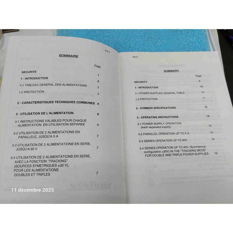 Notice d'Utilisation Officielle / Manuel Technique Trilingue – Alimentation Stabilisée de Laboratoire METRIX Série AX3... (25 Pages – Français / Anglais / Allemand)