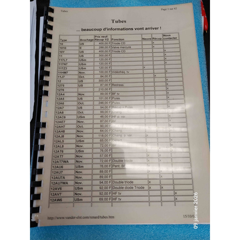 [42P] Guide Technique & Répertoire de Référence – Liste de Tubes Électroniques / Lampes Radio & Audio – Édition 2001 (42 Pages – Brochages, Fonctions & Tarifs – État Correct)