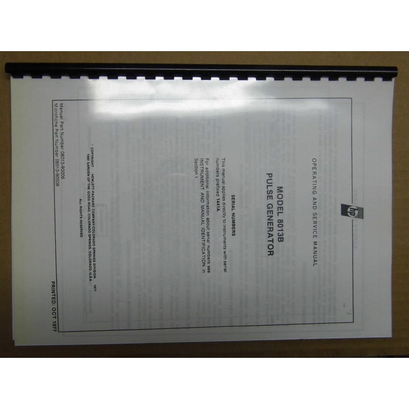 [202339773372] Manuel Officiel Constructeur & Guide de Service d'Atelier – Générateur d'Impulsions HP / HEWLETT PACKARD 8013B (Operating and Service Manual – Édition en Anglais)