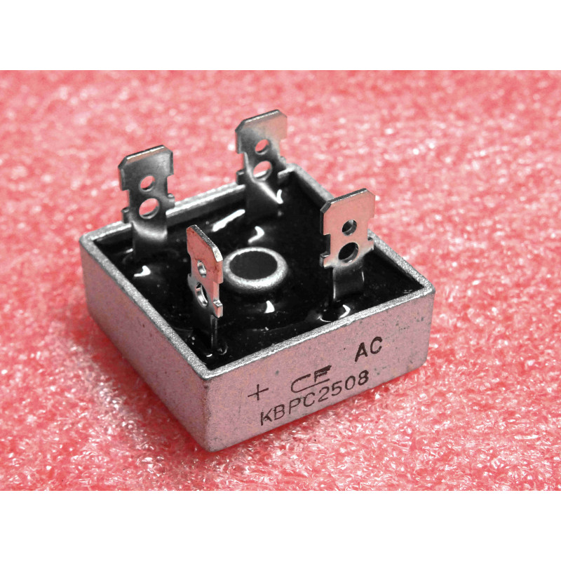 [KBPC2508] Pont Redresseur Monophasé Métallique KBPC2508 / KBPC 2508 (800 V / 25 A – Boîtier Carré Métallique à Trou Central & Cosses Faston 6,35 mm)