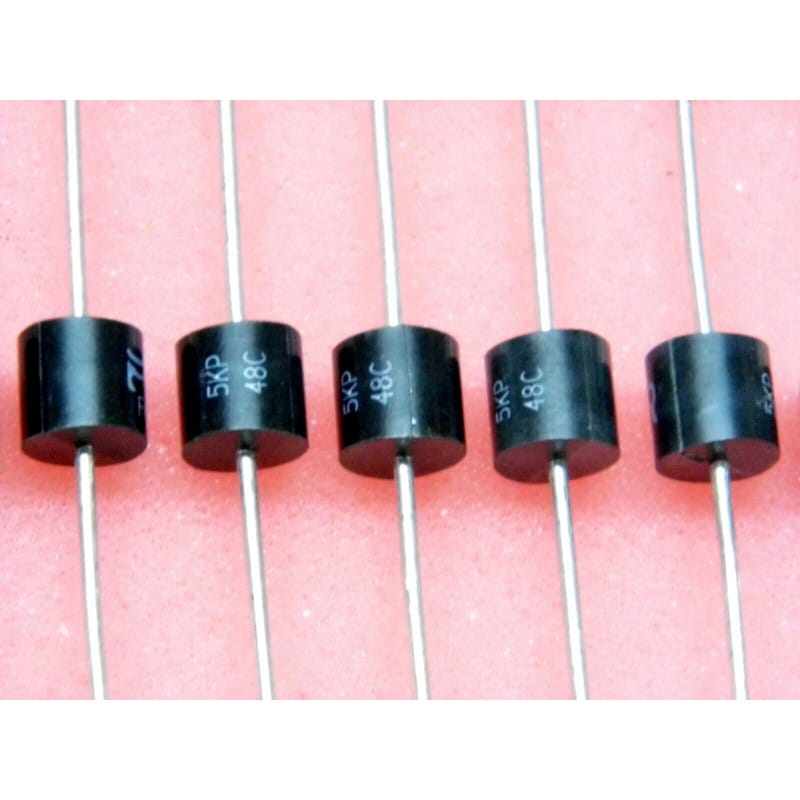 Lot de 5 Diodes TVS Transil 5000 W Bidirectionnelles Diotec 5KP48C (48 V / 5 kW Crête / Boîtier Axial R-6 / P600)