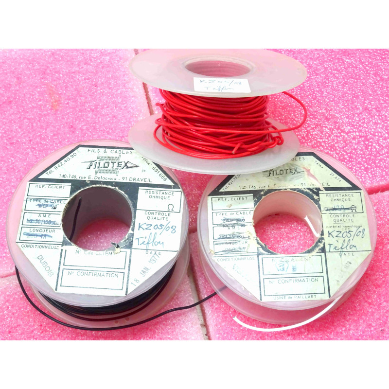 Lot de 3 Bobines de Fil d'Équipement Haute Température KZ 05-08 (Rouge 20 m + Blanc 25 m + Noir 46 m / Total ~91 m)