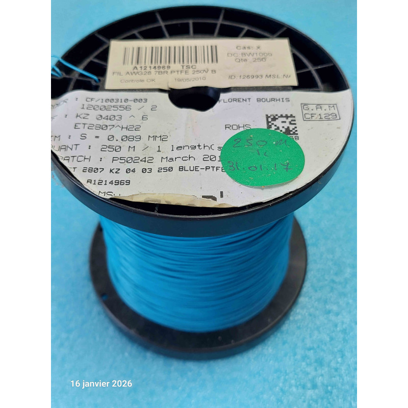 Bobine 250 m Fil Haute Température PTFE Nexans Filotex KZ04-03 (0,089 mm² / AWG 28 Bleu)