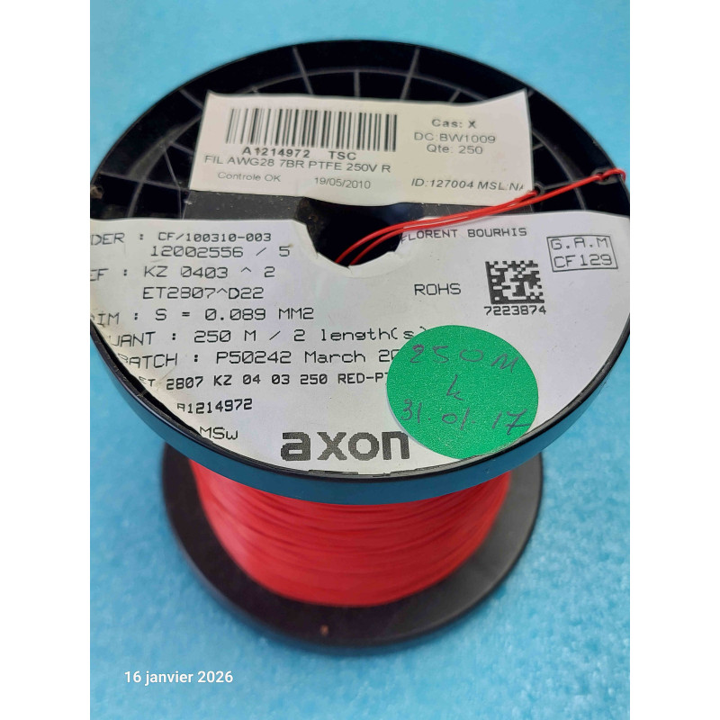 Bobine 250 m Fil Haute Température PTFE Nexans Filotex KZ04-03 (0,089 mm² / AWG 28 Rouge)