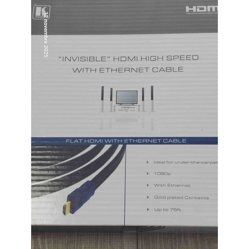 Câble HDMI Plat Haute Vitesse avec Ethernet Kramer 7,6 m (Réf. C-HM/HM/FLAT/ETH-25 / 97-01014025)