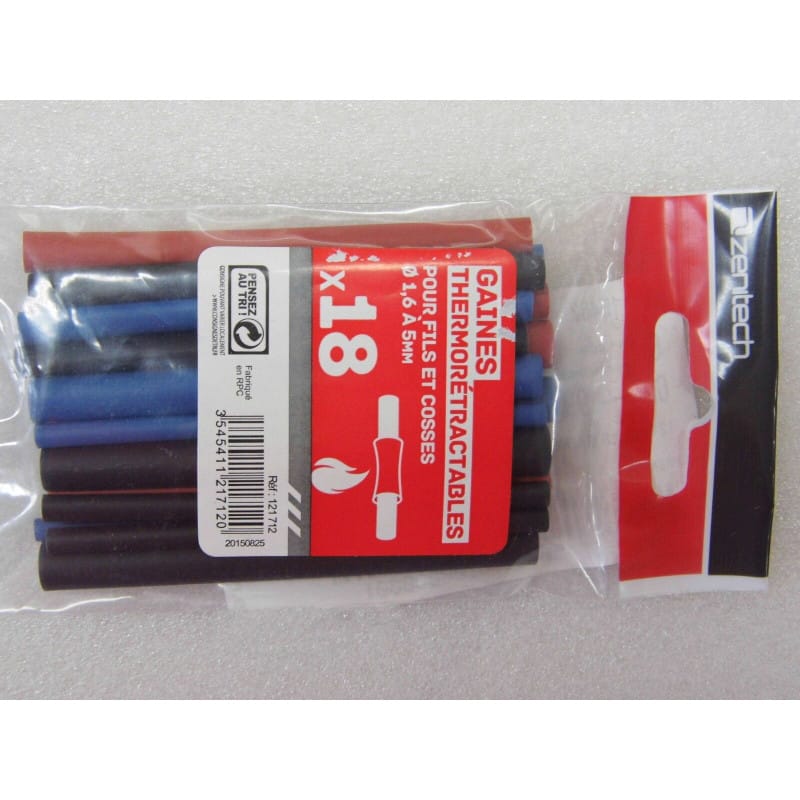 [191116399144] Lot de 18 Gaines Thermorétractables Prédécoupées – Diamètre Extensible Ø 1,6 mm à 5 mm (Rétreint 2:1 à 3:1) – Longueur 90 mm – Couleurs Noir, Rouge et Bleu