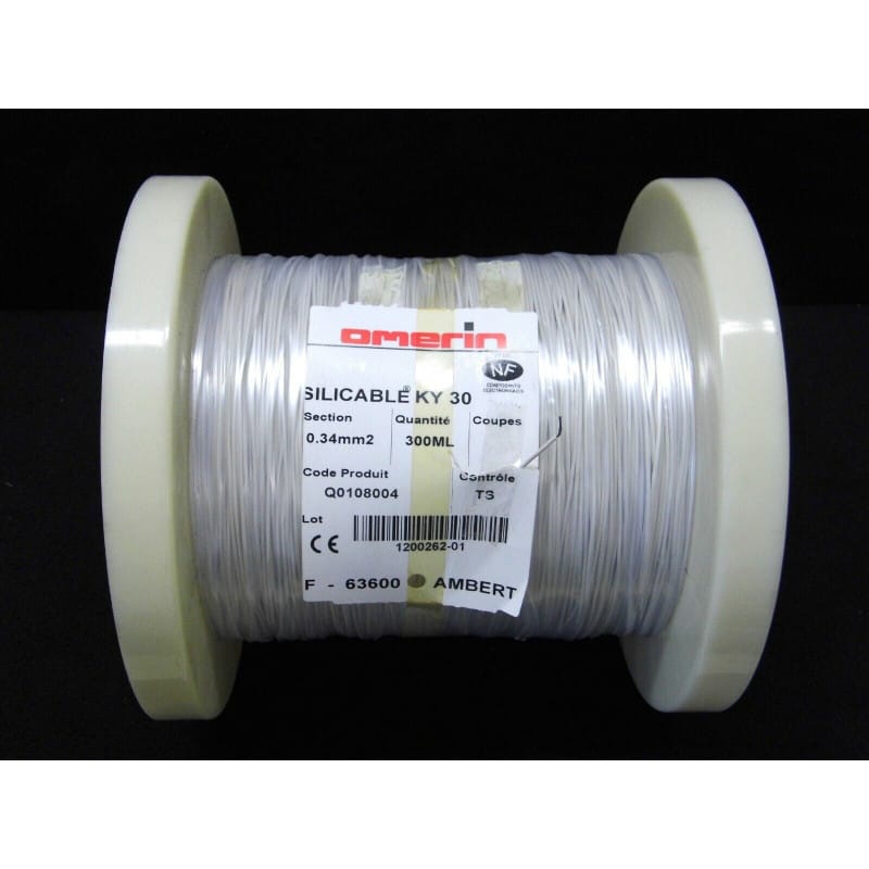 Bobine de Fil Électrique Souple 0,34 mm² (AWG 22) Longueur ~300 m – Omerin Gamme KY30-05 – Cuivre Étamé / Isolant PVC Blanc (Ø ext. 1,3 mm)