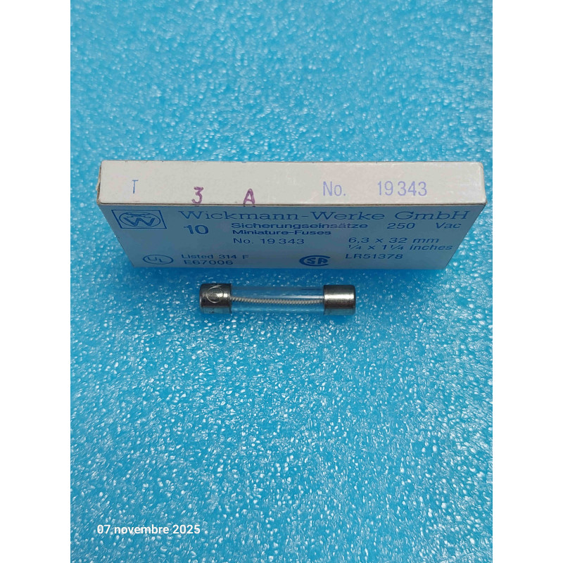 Boîte de 10 Fusibles Verre Temporisés (Retardés / Slow-Blow) 6,3x32 mm (Format 1/4" x 1-1/4") Calibre 3 A – Wickmann (Série T32L / Réf. T 3A) – Spécial Flipper, Sonorisation & Électronique Hi-Fi