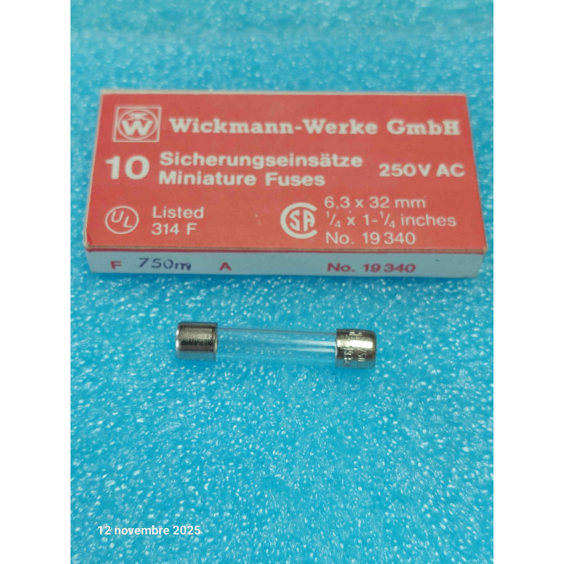 Boîte de 10 Fusibles Verre Rapides 6,3x32 mm (Format 1/4" x 1-1/4") Calibre 750 mA (0,75 A) – Wickmann (Série T32R / Réf. F 750mA / 0.75A) – Spécial Flipper, Sonorisation & Électronique Hi-Fi