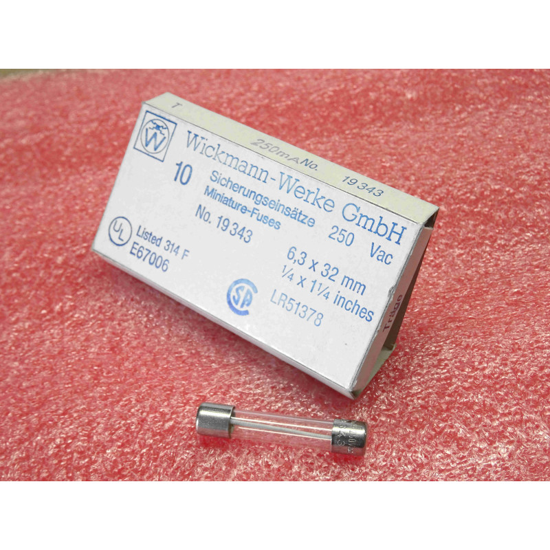 Boîte de 10 Fusibles Verre Wickmann T32T 250 mA (0,25 A) 250 V Temporisés – Format 6,3x32 mm (1/4 x 1-1/4")