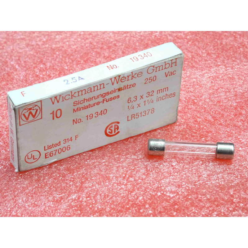 Boîte de 10 Fusibles Verre Wickmann 2,5 A 250 V Rapides – Format 6,3x32 mm (1/4 x 1-1/4")