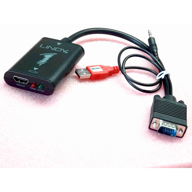 [38188v2] Adaptateur Convertisseur Vidéo & Audio Actif VGA vers HDMI – Lindy (VGA Mâle + Jack Audio 3,5 mm Mâle vers HDMI Femelle – Support Full HD 1080p / Alimenté par USB)