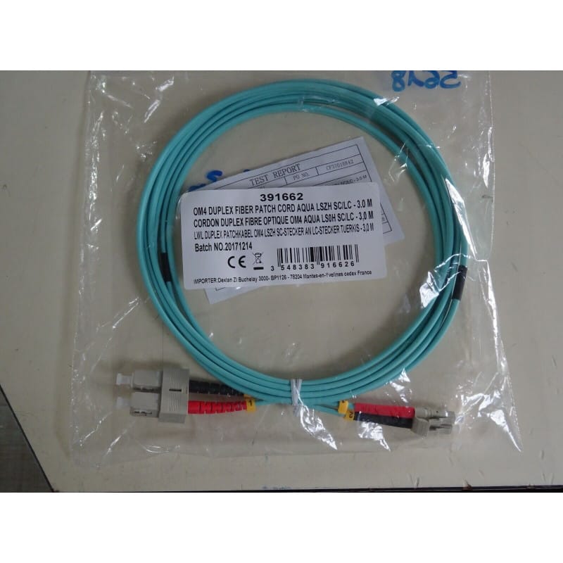 Jarretière / Cordon de Brassage Duplex Fibre Optique Multimode OM4 (50/125 µm) SC-UPC vers LC-UPC – Longueur 3 m – Gaine LSZH Aqua – Dexlan