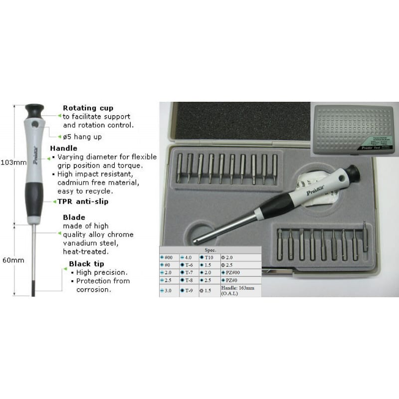 Coffret de Tournevis de Précision Électronique 20 Pièces – Pro'sKit (Lames Interchangeables Plat, Phillips, Torx, Hexa, Rotule)