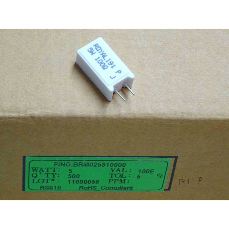 Lot de 5 Résistances Céramiques / Cimentées de Puissance 100 Ω (100R) 5% 5 W Royal Ohm – Format Boîtier Rectangulaire 23 × 13 × 9 mm