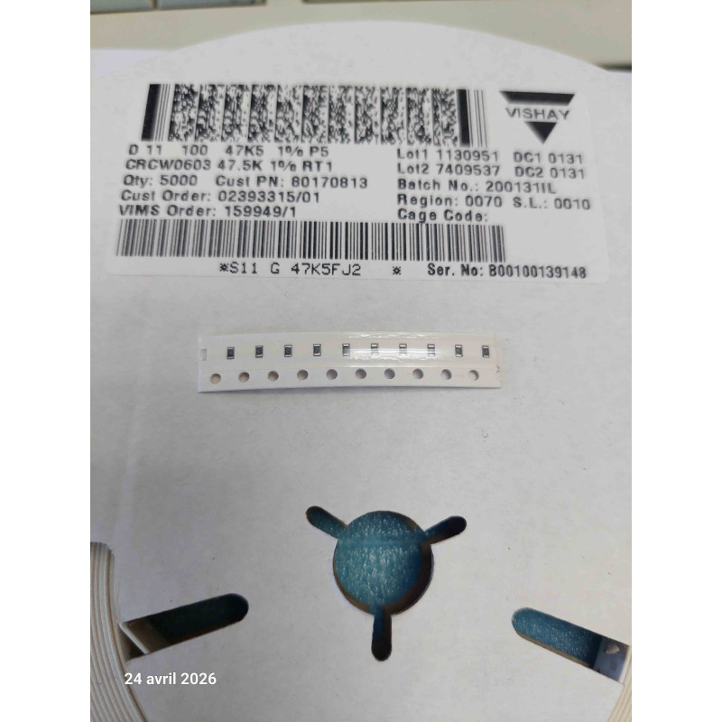 Lot de 25 Résistances CMS de Précision 47,5 kΩ (47K5) 1% Boîtier 0603 (1608 Métrique) Vishay Série CRCW0603