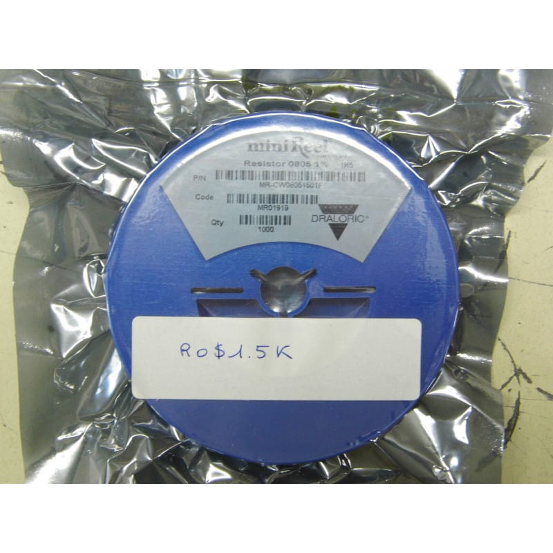 Bobine de 1 000 Résistances CMS / SMD 1,5 kΩ (1K5) 1% Format 0805 Vishay Draloric (Réf. MR-CW08051501F / CRCW0805) – Sous Sachet Hermétique d'Origine