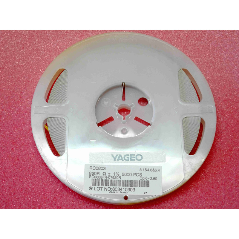 Bobine de 5 000 Résistances CMS / SMD 620 Ω (620R) 1% 0,1 W (1/10 W) Format 0603 (1608 Métrique) Yageo Série RC – Réf. RC0603FR-07620RL