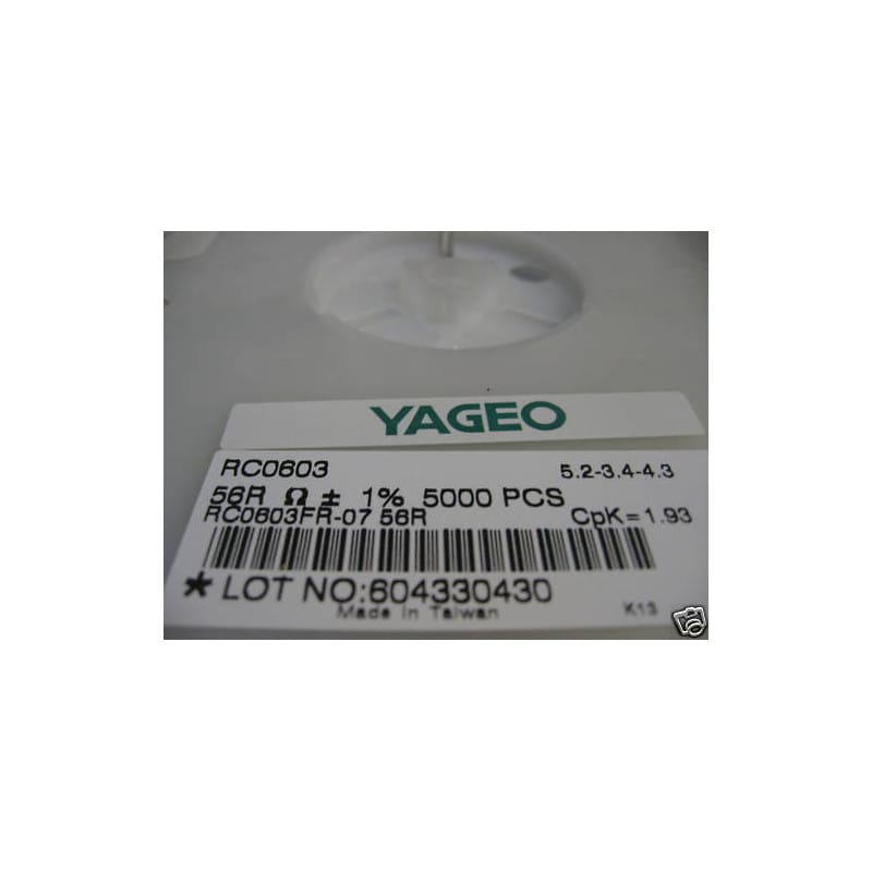 Bobine de 5 000 Résistances CMS / SMD 56 Ω (56R) 1% Format 0603 Yageo Série RC (Réf. RC0603FR-0756RL) – Bobine 7" d'Origine Complète