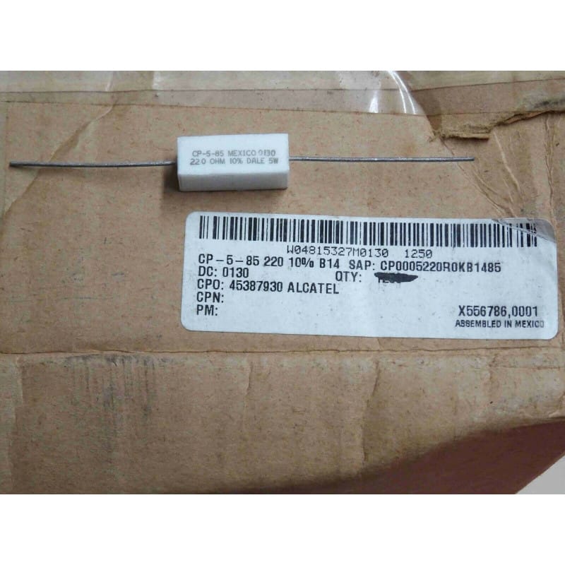 Lot de 5 Résistances de Puissance Cémentées (Céramique / Ciment) Axiales 220 Ω (220R) 10% 5 W Vishay – Dimensions 10 × 9 × 23 mm