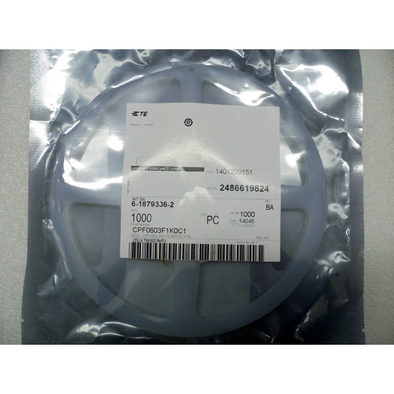 [193124591279] Bobine de 1 000 Résistances CMS / SMD Couche Mince de Précision 1 kΩ (1K / 1K0) 1% 50 ppm/°C Format 0603 (1608 métrique) – TE Connectivity / Neohm Série CPF (Réf. CPF0603F1K0C1)