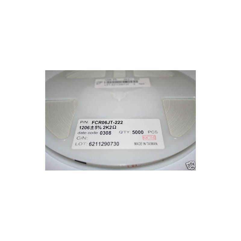 [200418347391] Bobine de 5 000 Résistances CMS / SMD 2,2 kΩ (2K2 / 222) 5% 0,25 W (250 mW / 1/4 W) Format 1206 (3216 Métrique) Série FCR (Réf. FCR06JT-222)