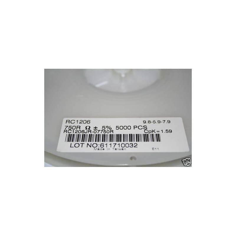 [200418344611] Bobine de 5 000 Résistances CMS / SMD 750 Ω (750R / 751) 5% 0,25 W (250 mW / 1/4 W) Format 1206 (3216 Métrique)